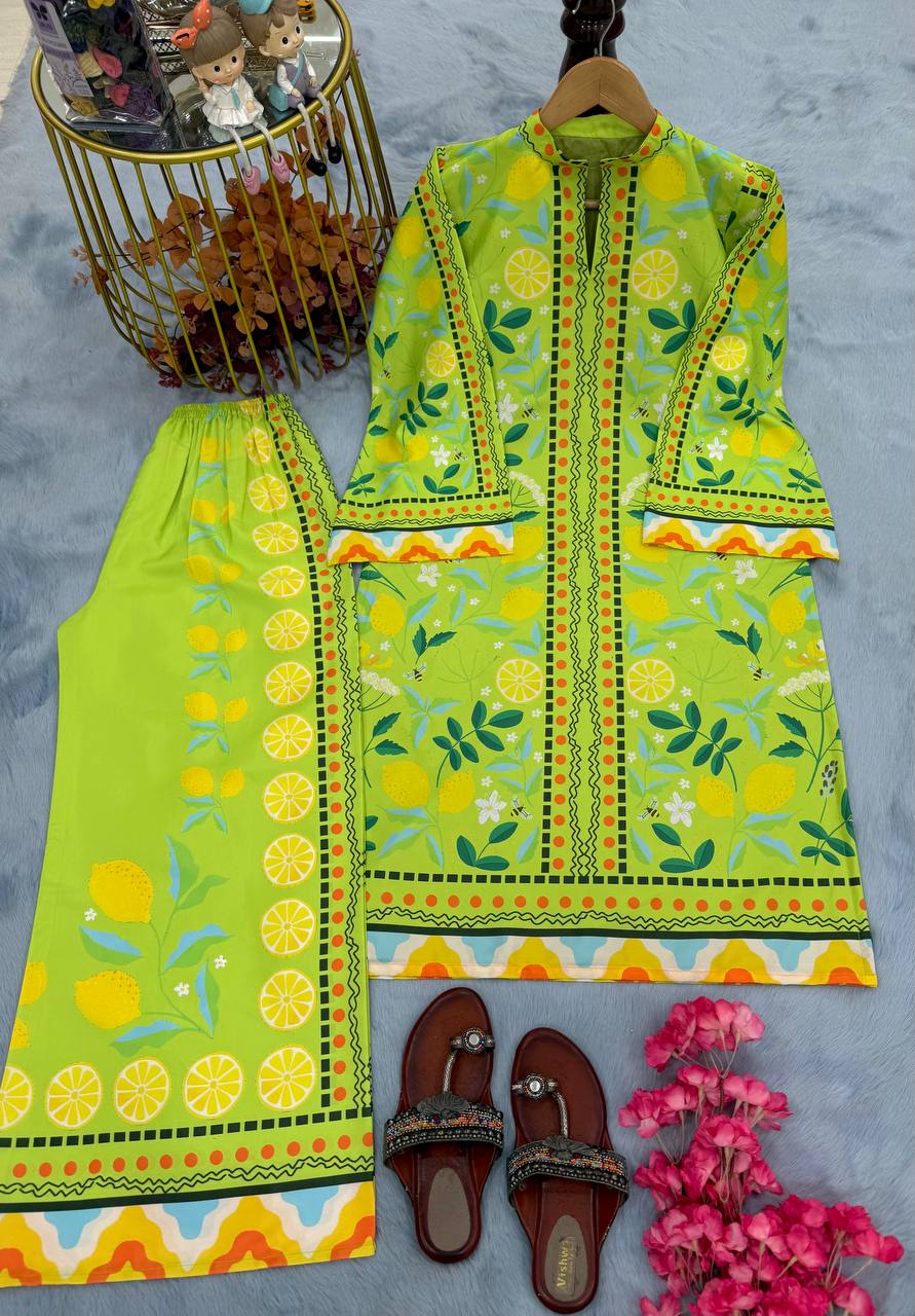 Function Wear Green Color Pure Natural Crepe With Digital Printed Designer Palazzo Suit