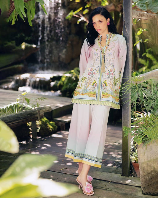 Ceremony Wear Cream Color Pure Natural Crepe With Digital Printed Designer Palazzo Suit