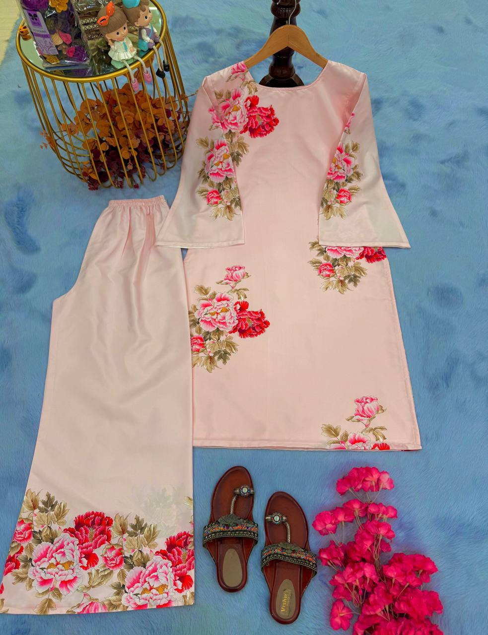 Reception Wear Peach Color Pure Natural Crepe With Digital Printed Designer Palazzo Suit