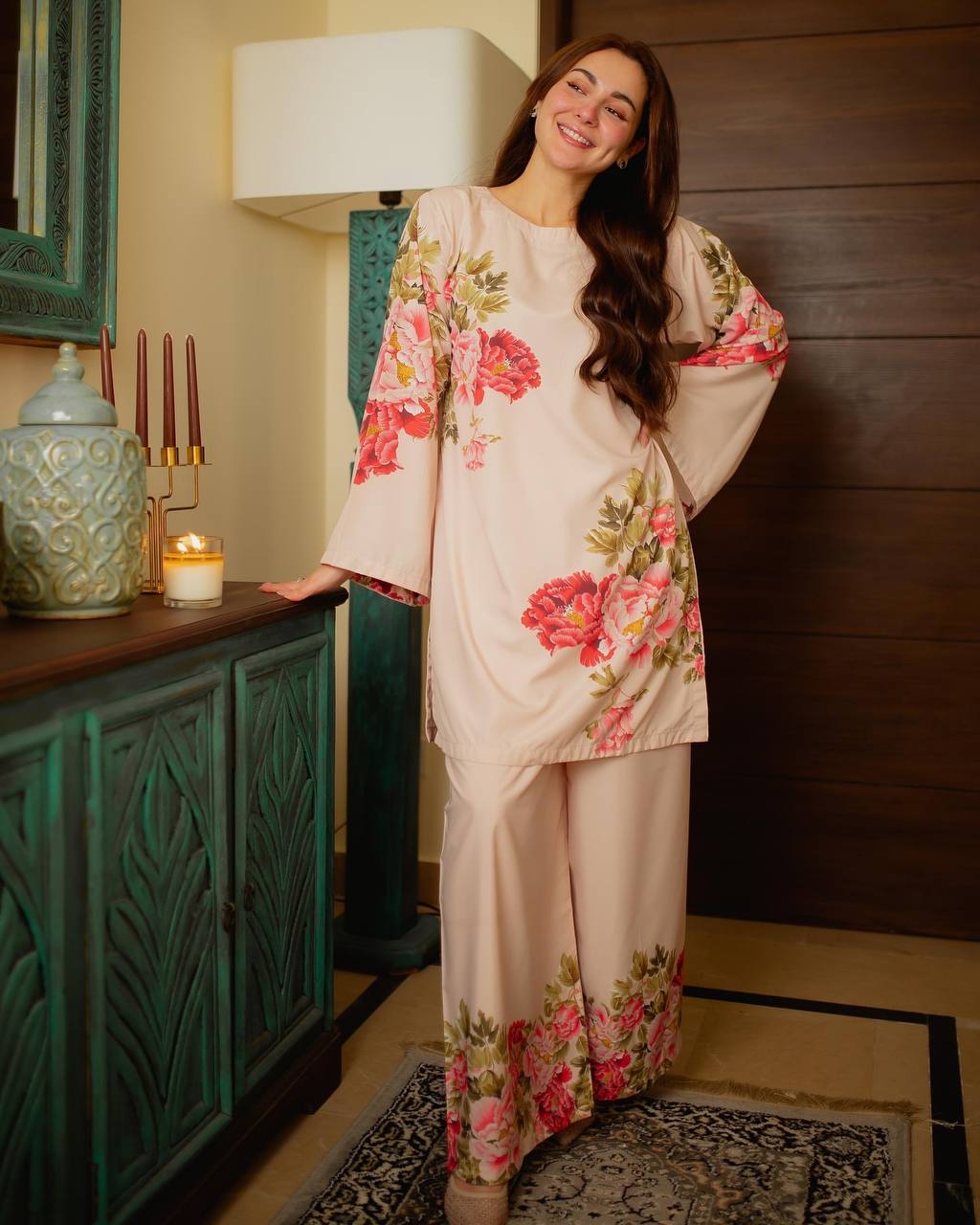 Reception Wear Peach Color Pure Natural Crepe With Digital Printed Designer Palazzo Suit