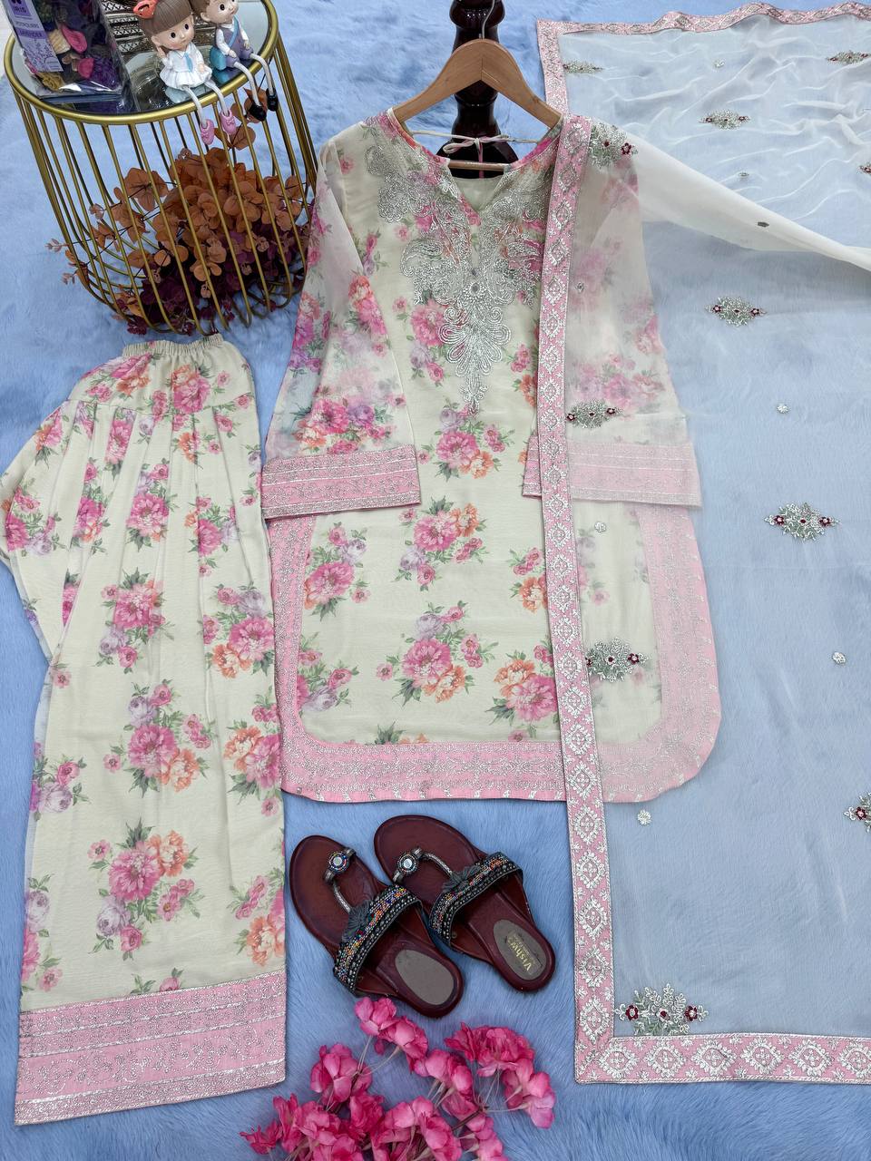 Function Wear Off White Color Pure Sifon Georgette With Digital Print With Embroidery Sequence Work Salwar Suit