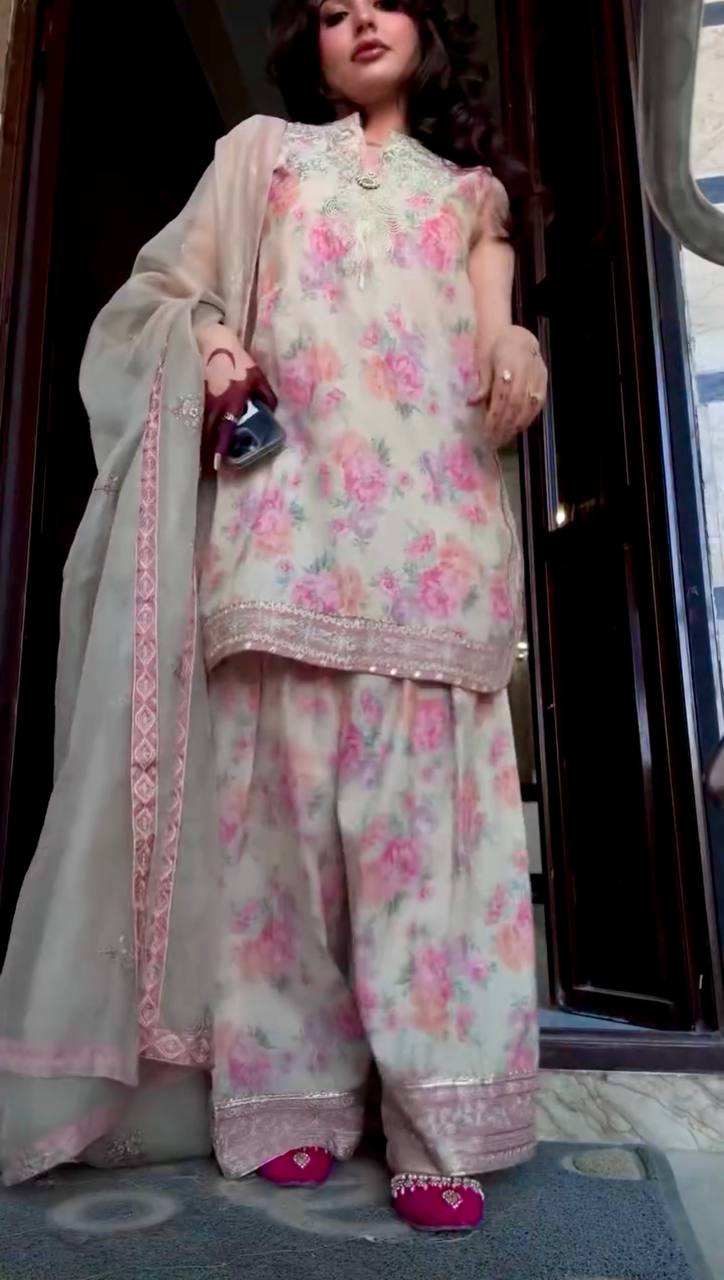 Function Wear Off White Color Pure Sifon Georgette With Digital Print With Embroidery Sequence Work Salwar Suit