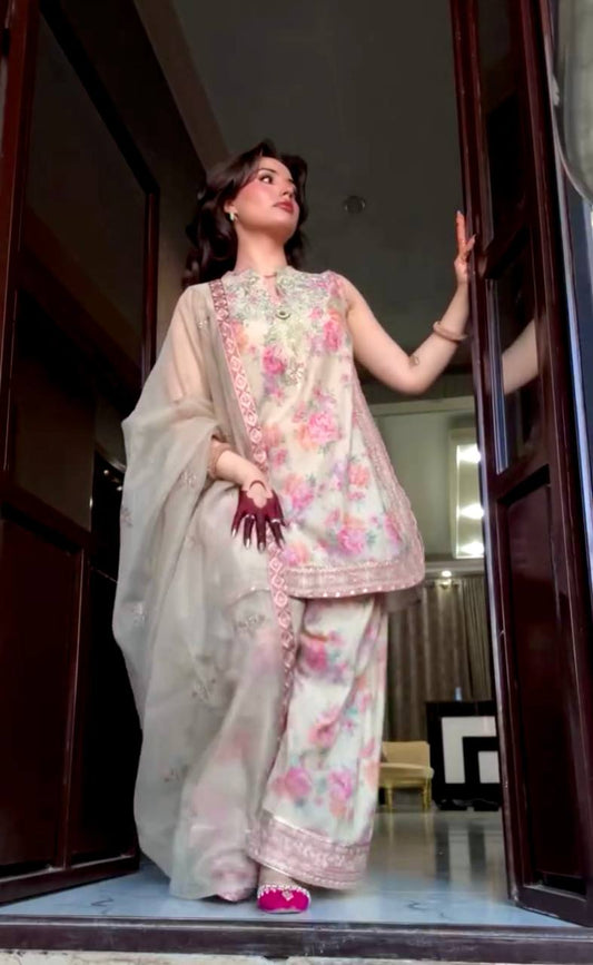 Function Wear Off White Color Pure Sifon Georgette With Digital Print With Embroidery Sequence Work Salwar Suit