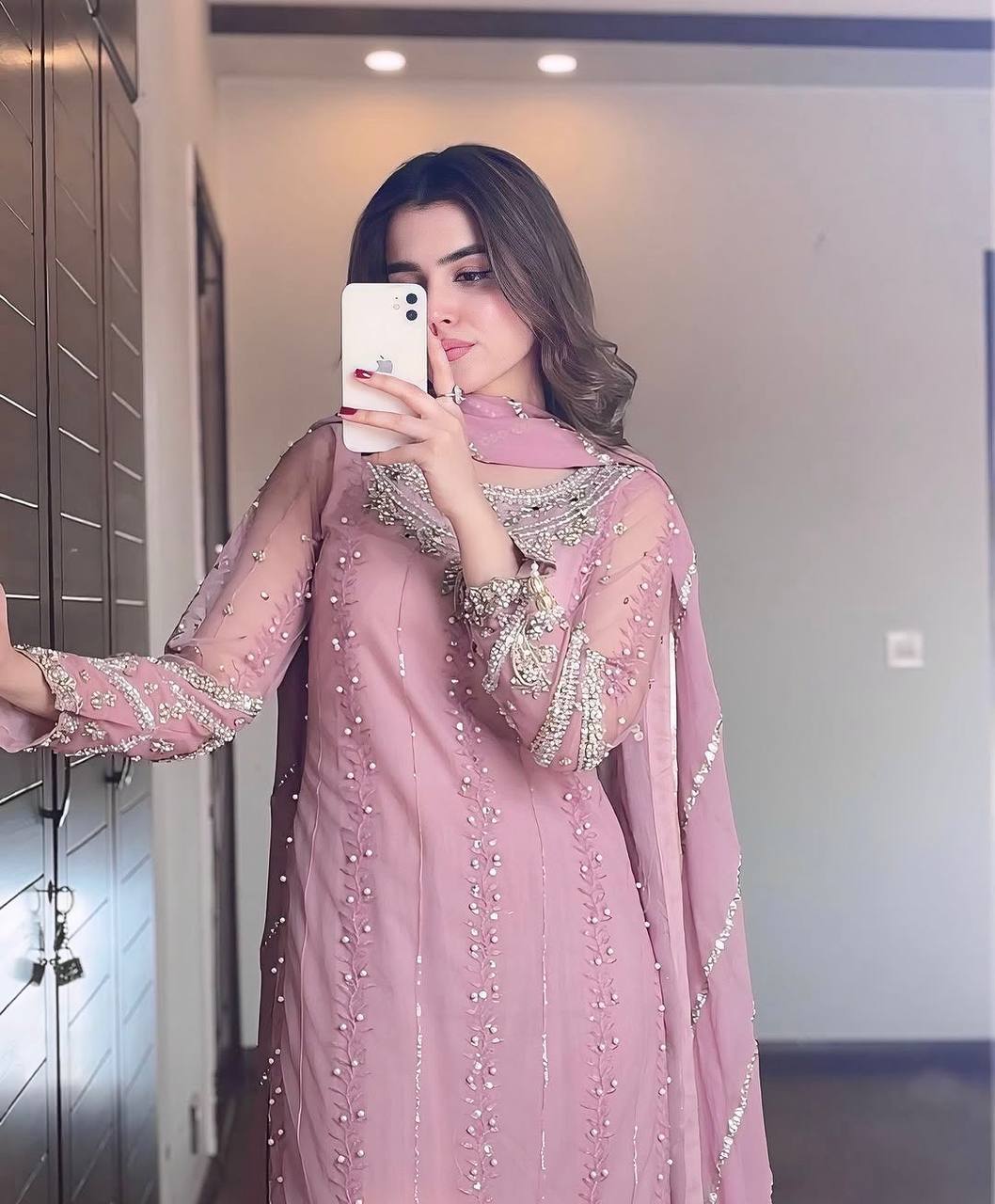 Bollywood Style Dusty Pink Color Heavy Faux Georgette With Heavy Embroidery Sequence Work Palazzo Suit