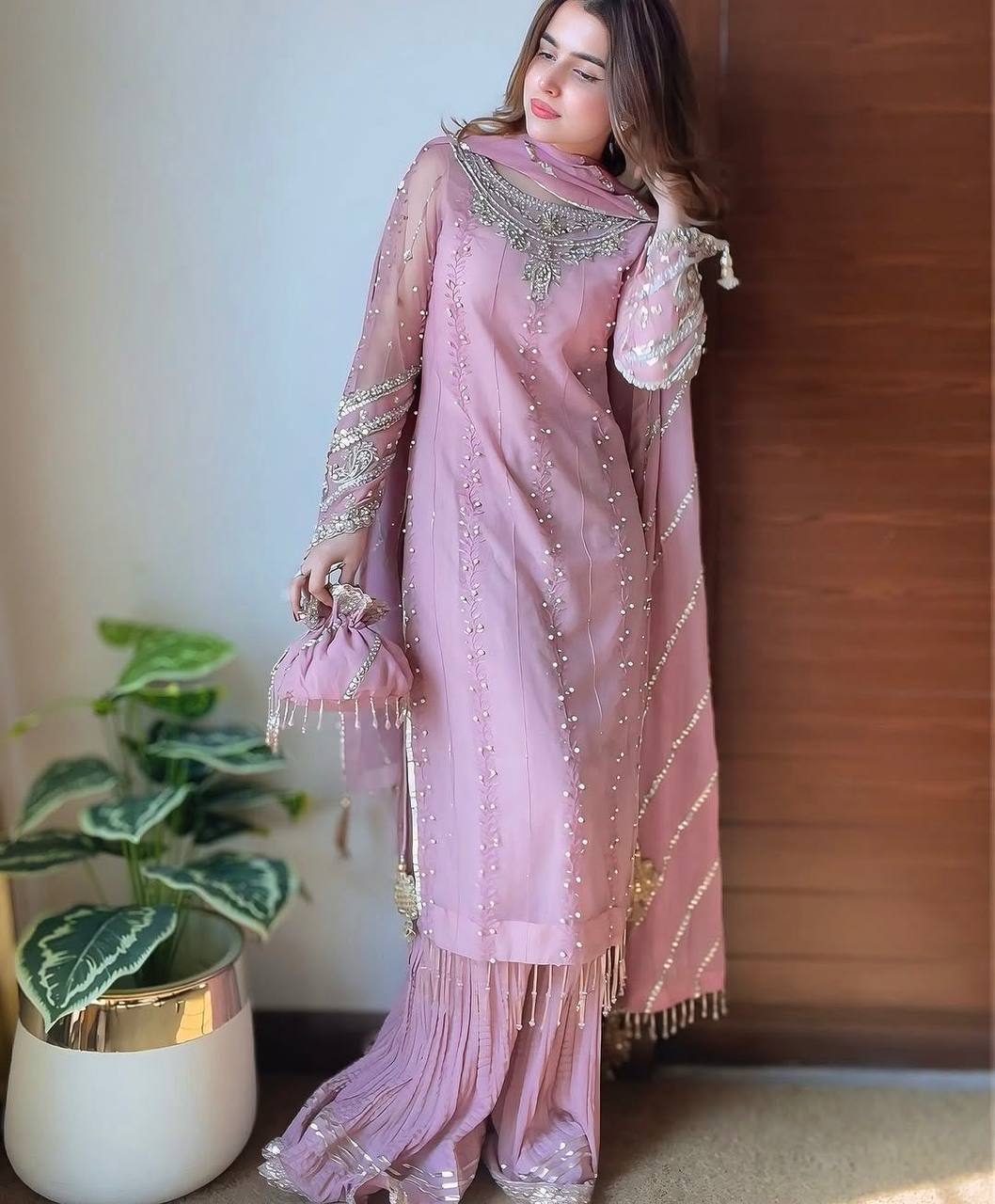 Bollywood Style Dusty Pink Color Heavy Faux Georgette With Heavy Embroidery Sequence Work Palazzo Suit