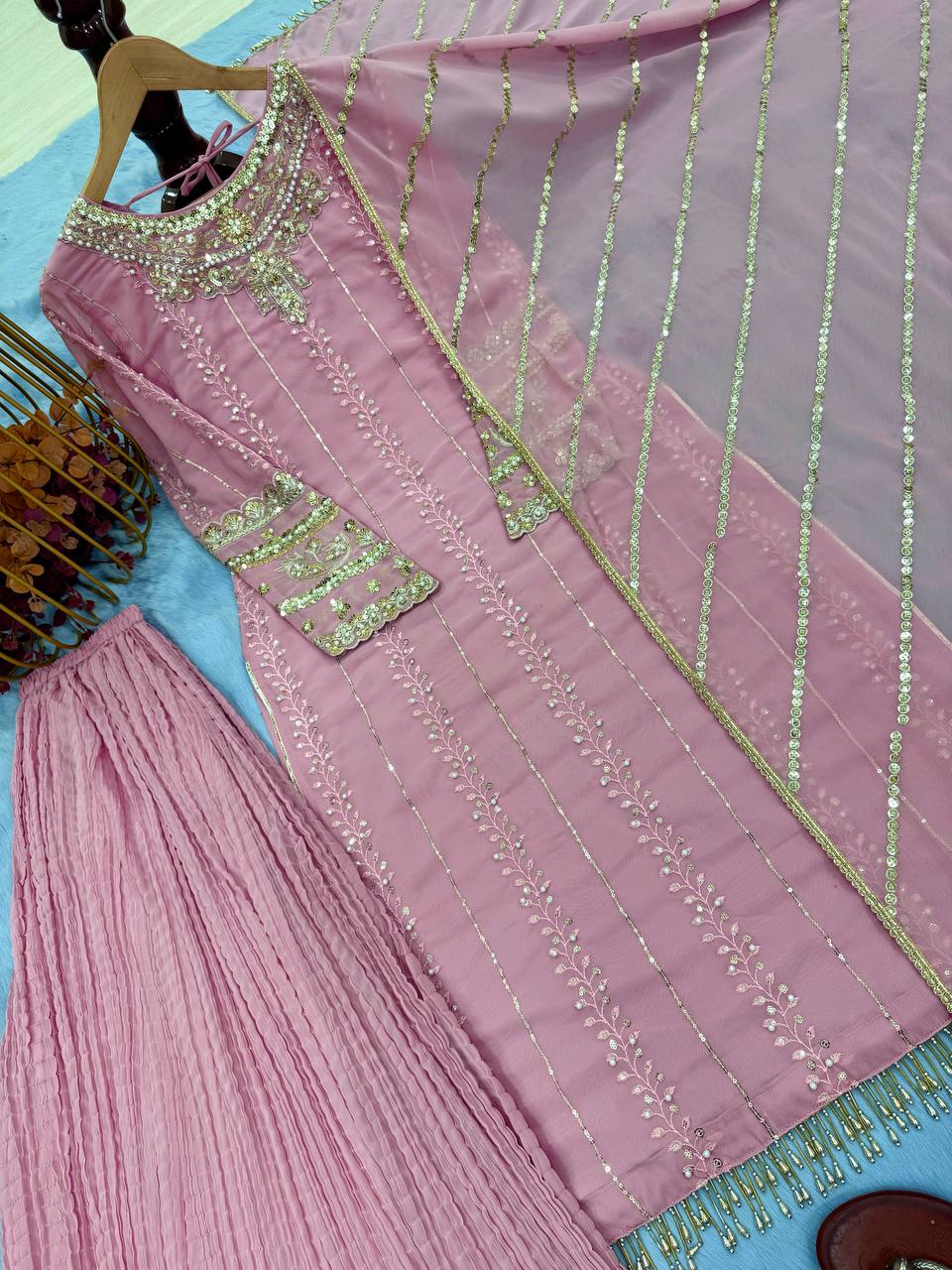 Bollywood Style Dusty Pink Color Heavy Faux Georgette With Heavy Embroidery Sequence Work Palazzo Suit