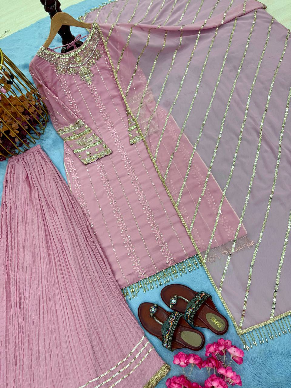 Bollywood Style Dusty Pink Color Heavy Faux Georgette With Heavy Embroidery Sequence Work Palazzo Suit