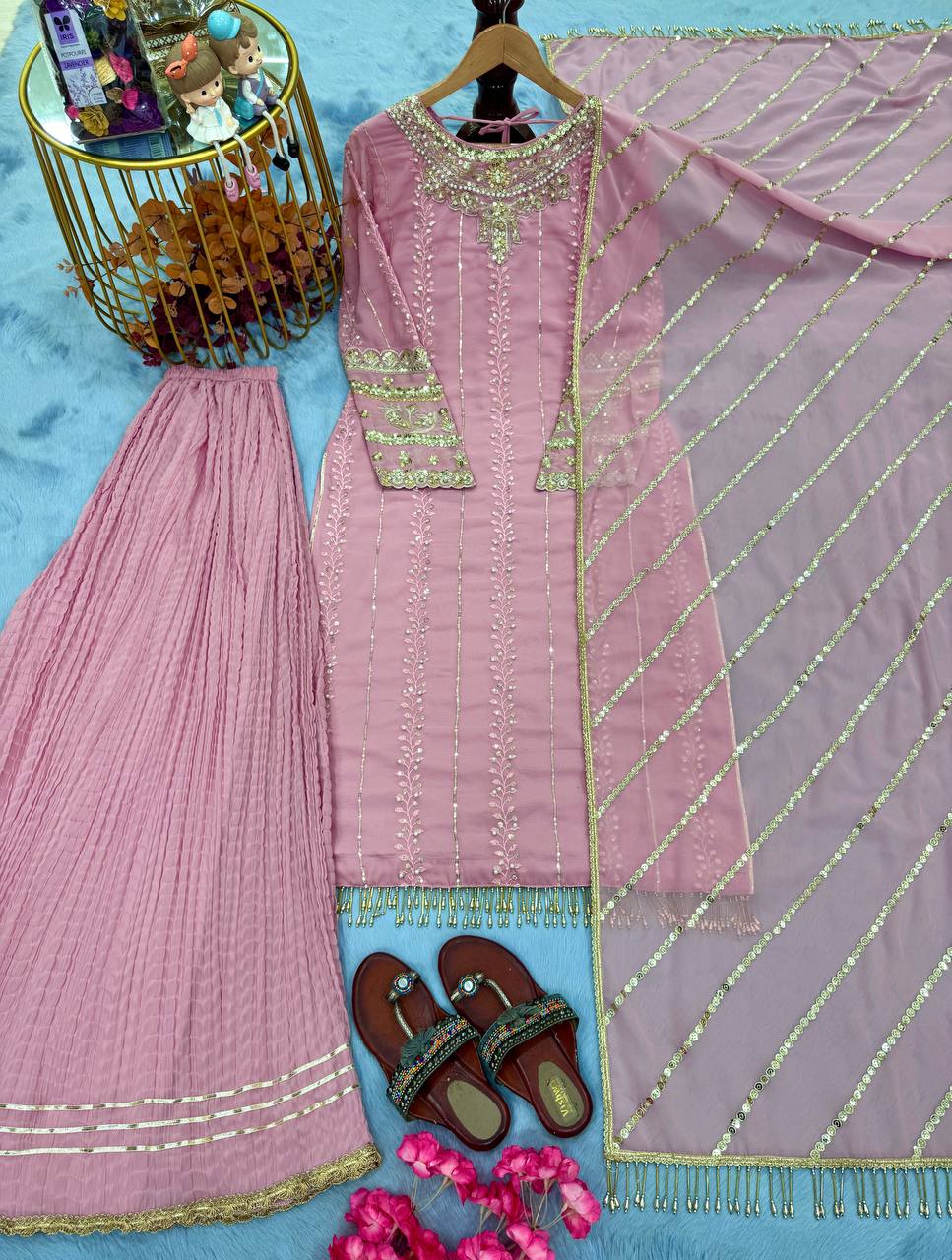 Bollywood Style Dusty Pink Color Heavy Faux Georgette With Heavy Embroidery Sequence Work Palazzo Suit