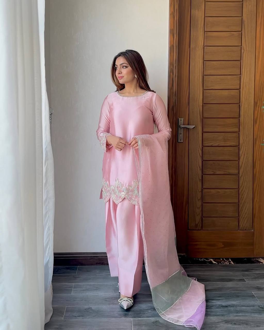 Blissful Baby Pink Color Heavy Natural Creap Heavy Embroidered Sequence Work Palazzo Suit