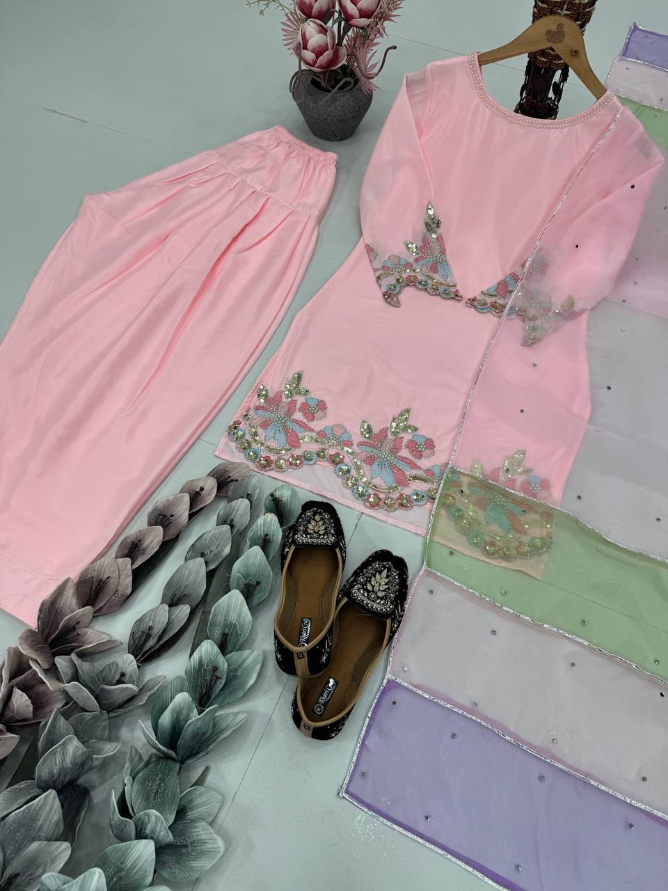 Blissful Baby Pink Color Heavy Natural Creap Heavy Embroidered Sequence Work Palazzo Suit