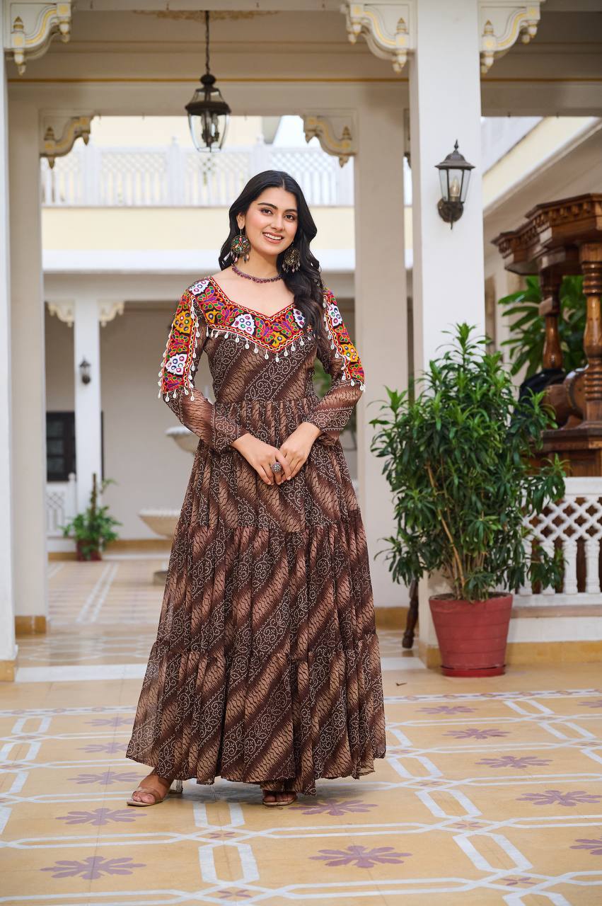 Garba Night Coffee Faux Georgette With Bandhni Printed Gamathi Work Gown