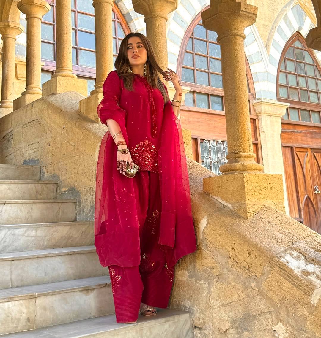 Reception Wear Red Color Pure Natural Crep Silk With Embroidery Sequence Work Salwar Suit