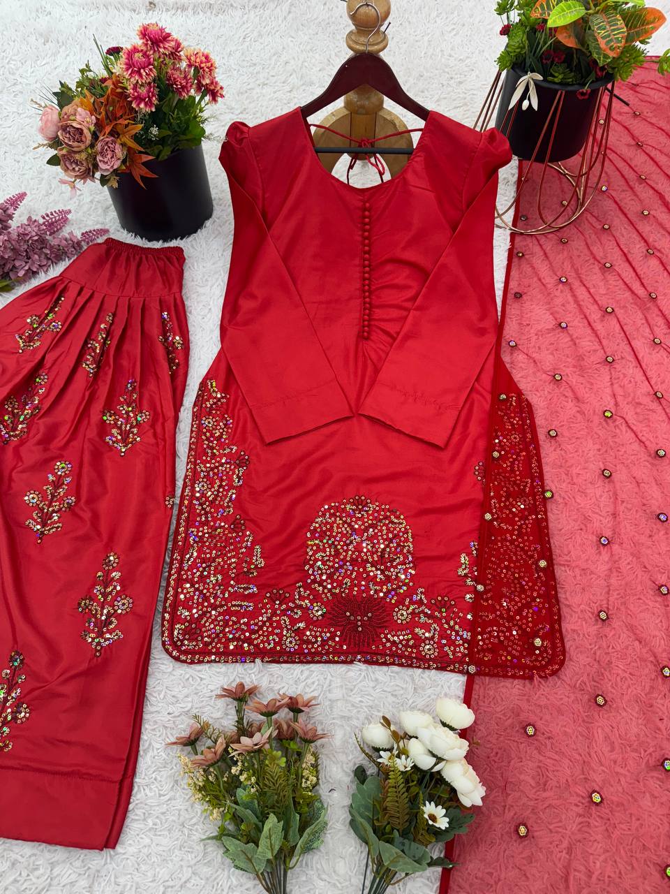 Reception Wear Red Color Pure Natural Crep Silk With Embroidery Sequence Work Salwar Suit