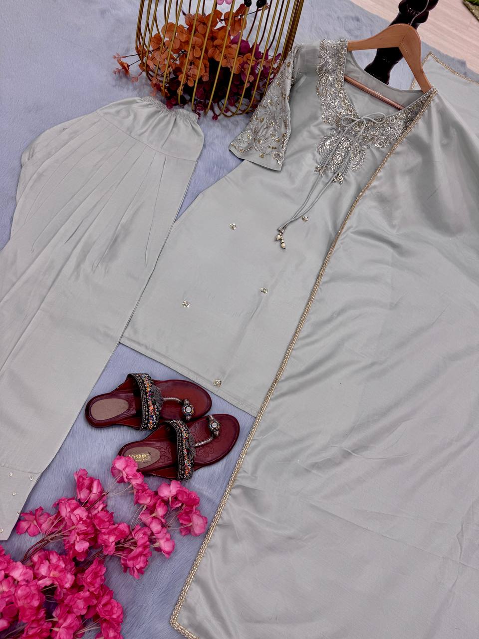 Party Wear Grey Color Handwork With Beads And Embroidery Work Palazzo Suit