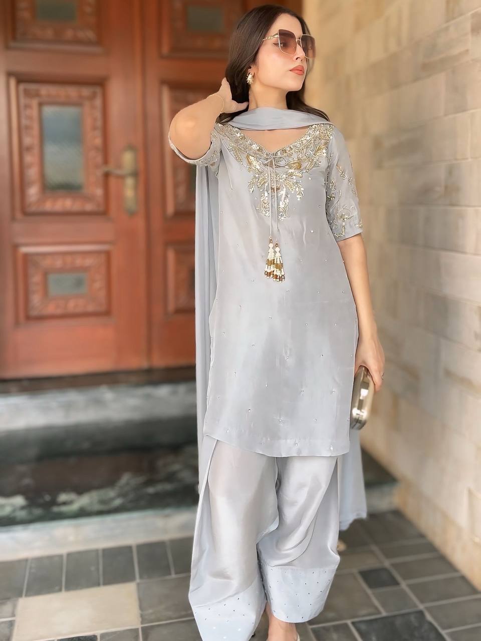 Party Wear Grey Color Handwork With Beads And Embroidery Work Palazzo Suit