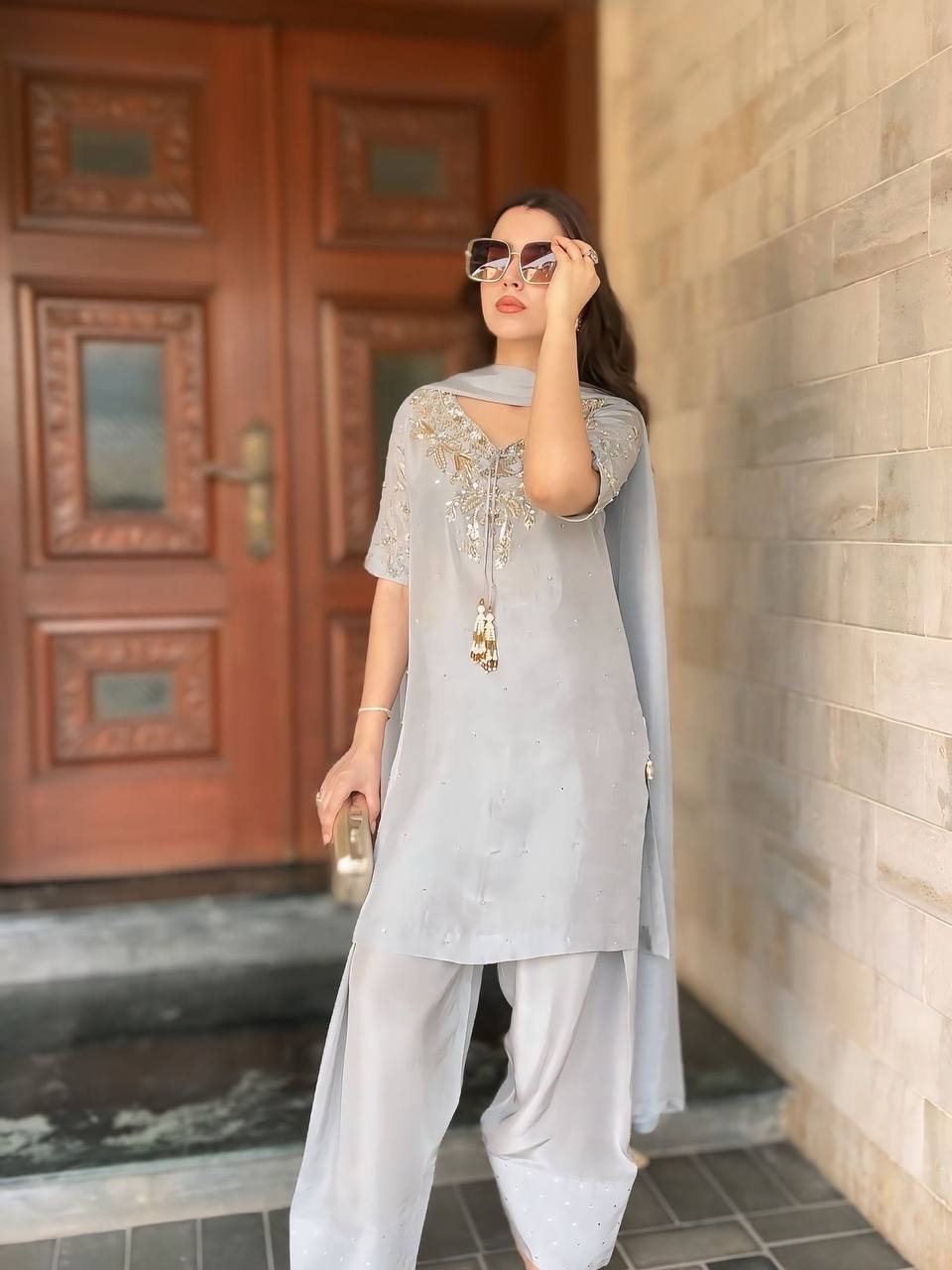 Party Wear Grey Color Handwork With Beads And Embroidery Work Palazzo Suit