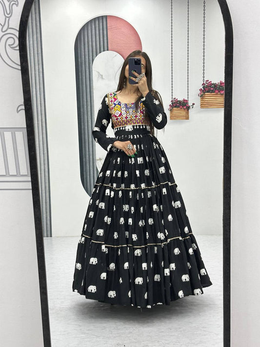 Navratri Collection Black Color Pure Cotton And Embroidery Gamathi Work Designer Gown