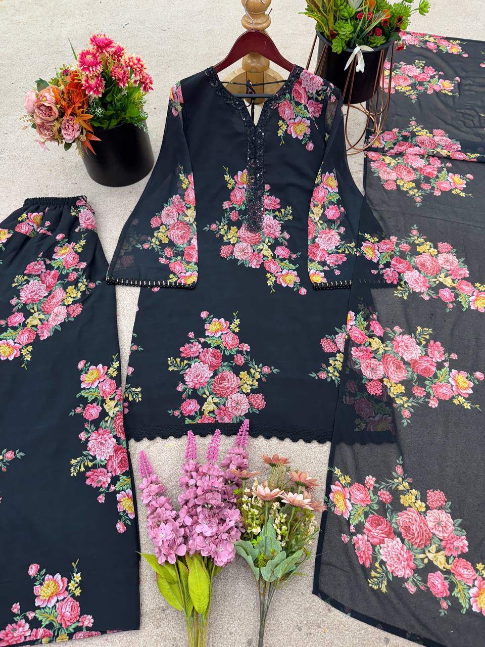 Function Wear Black Color Pure Faux Georgette With Digital Print Palazzo Suit