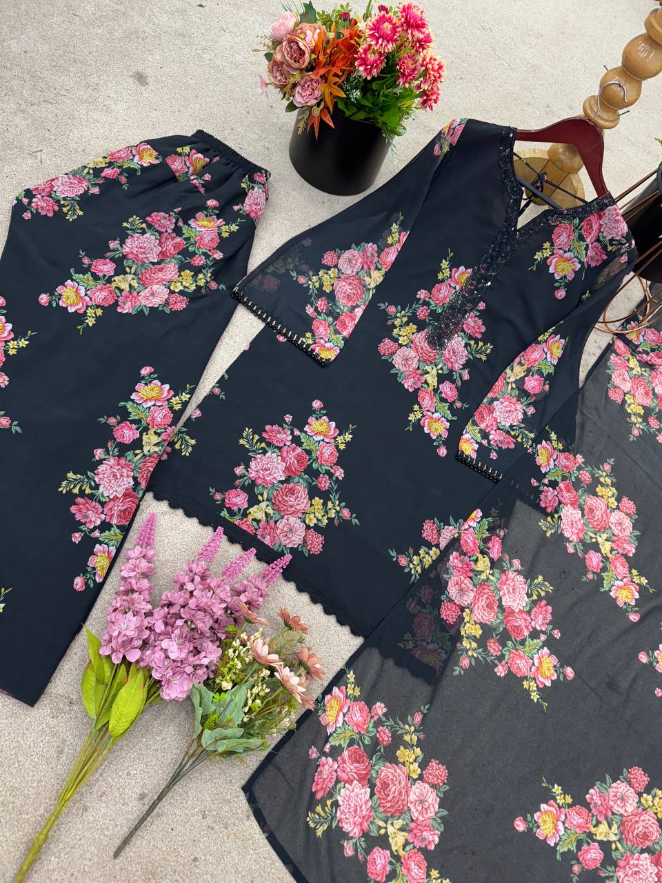 Function Wear Black Color Pure Faux Georgette With Digital Print Palazzo Suit