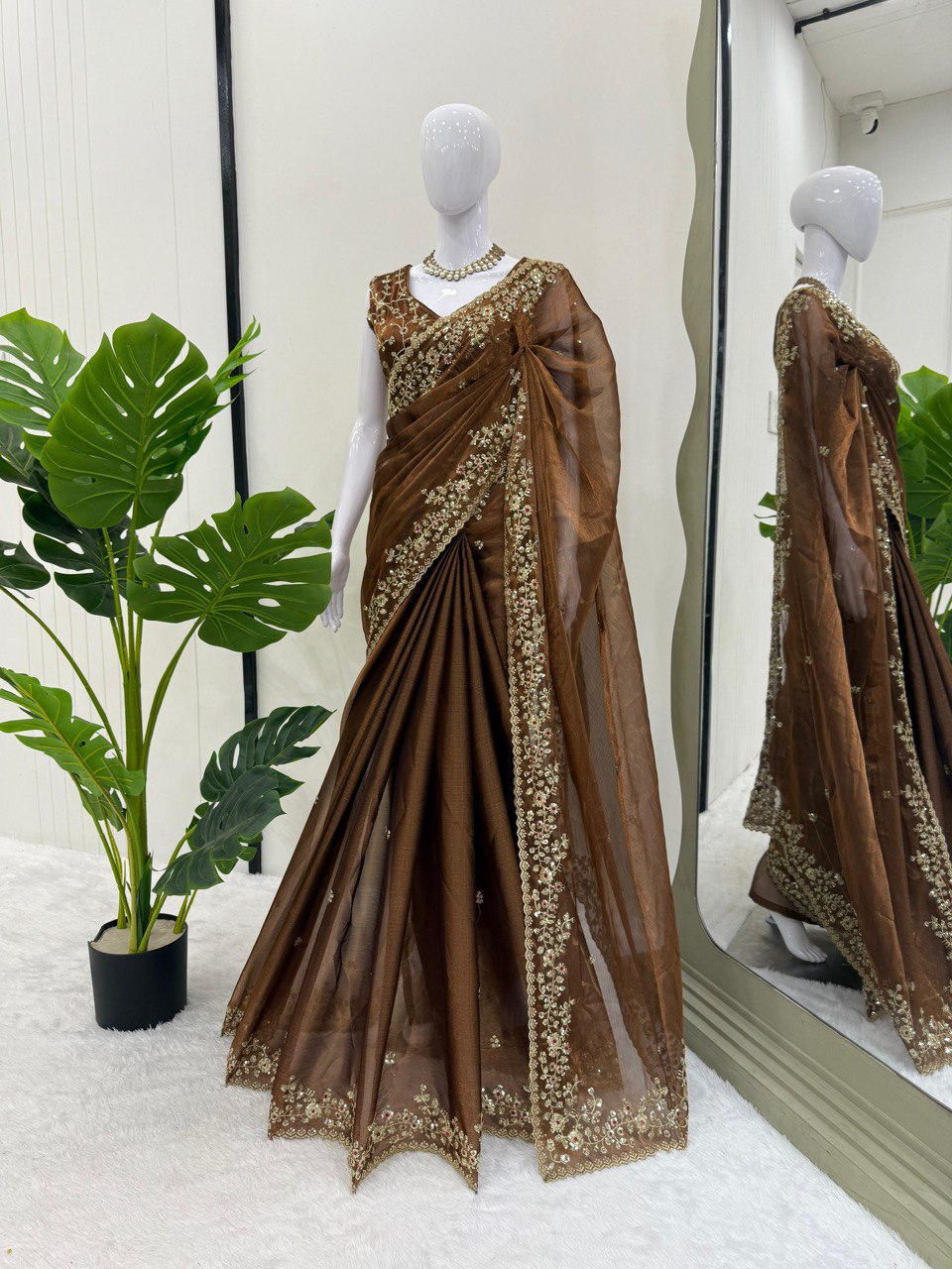 Function Wear Golden Color Barbari Silk Thread With Sequence Work Saree