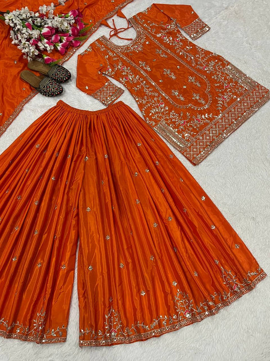 Function Wear Orange Color Natural Crep Material With Sequence Embroidery Work Sharara Suit