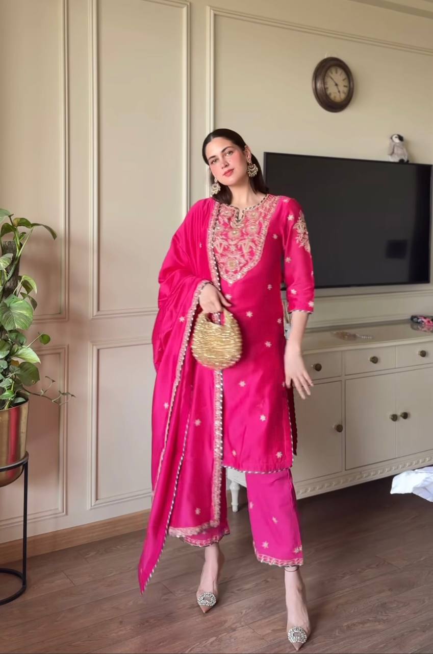 Terrific Pink Color  Malay Satin Silk With Heavy Embroidery Thread Work Palazzo Suit
