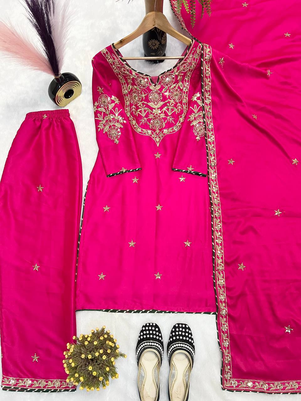 Terrific Pink Color  Malay Satin Silk With Heavy Embroidery Thread Work Palazzo Suit