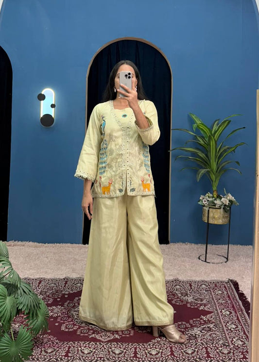 Glossy Trending Cream Color Full Embroidery With Mirror Work Co-Ord Palazzo Set