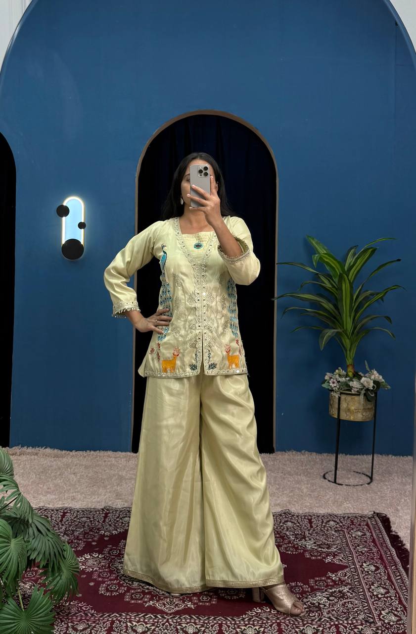 Glossy Trending Cream Color Full Embroidery With Mirror Work Co-Ord Palazzo Set