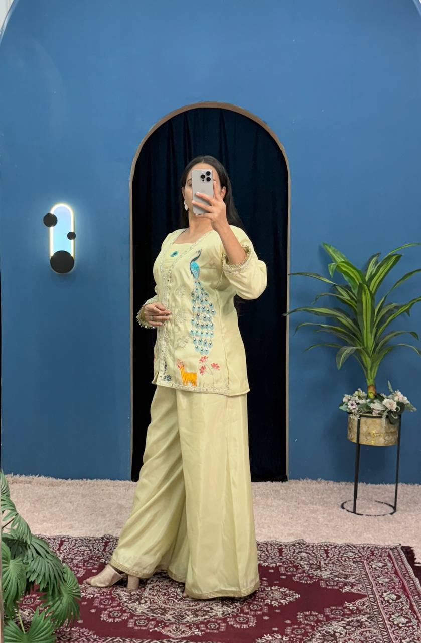 Glossy Trending Cream Color Full Embroidery With Mirror Work Co-Ord Palazzo Set
