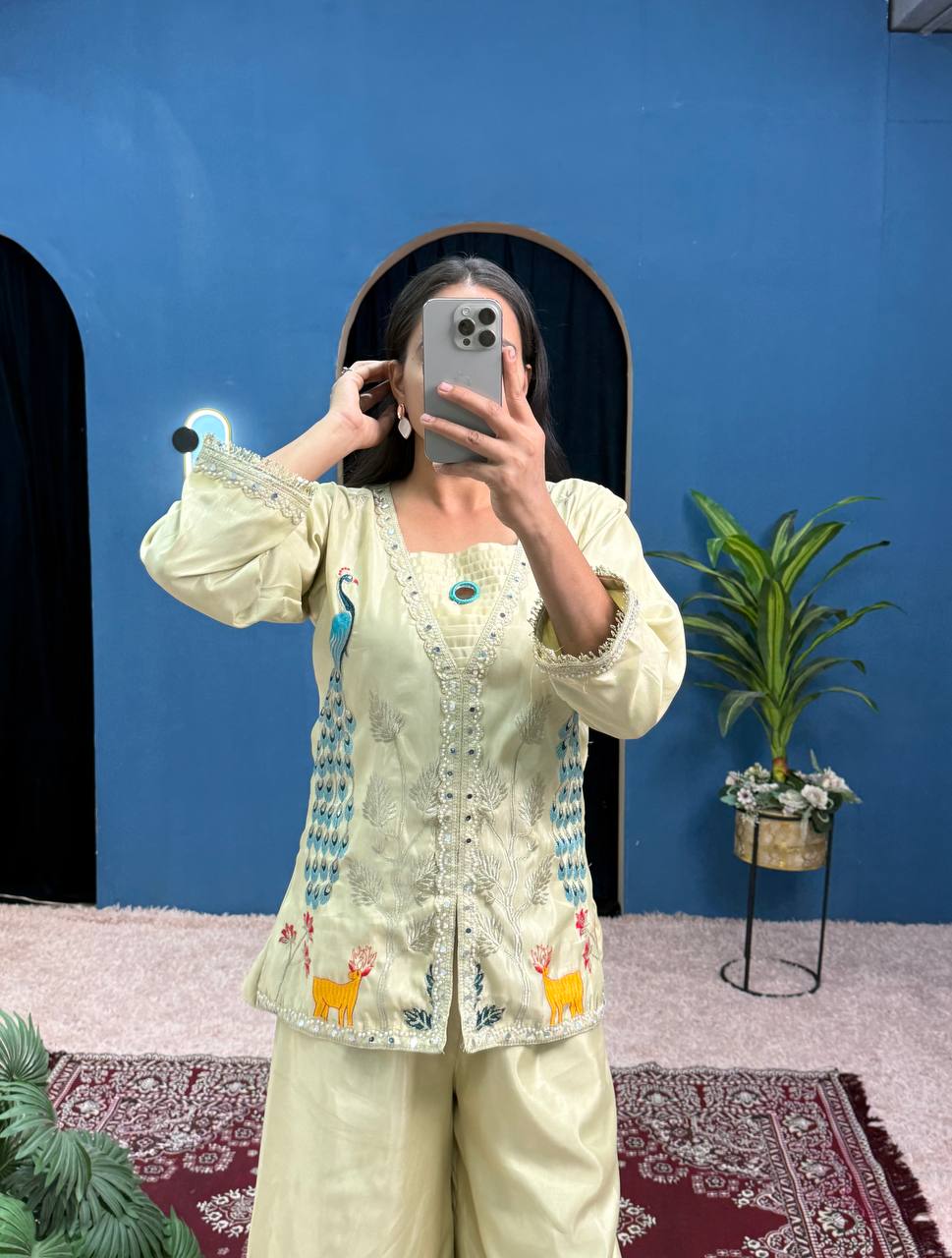 Glossy Trending Cream Color Full Embroidery With Mirror Work Co-Ord Palazzo Set