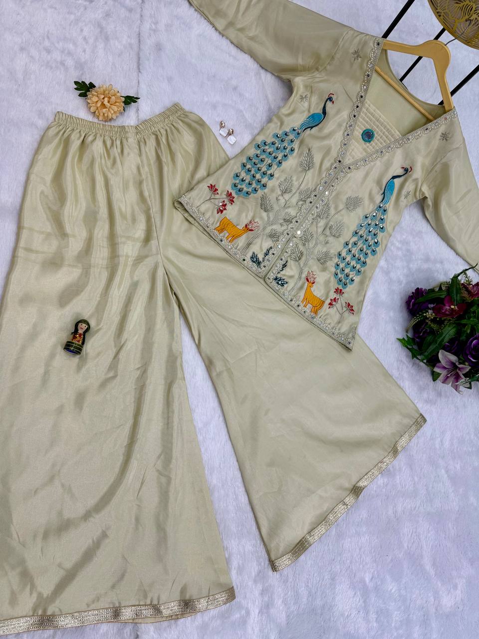 Glossy Trending Cream Color Full Embroidery With Mirror Work Co-Ord Palazzo Set
