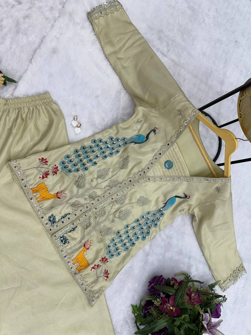 Glossy Trending Cream Color Full Embroidery With Mirror Work Co-Ord Palazzo Set