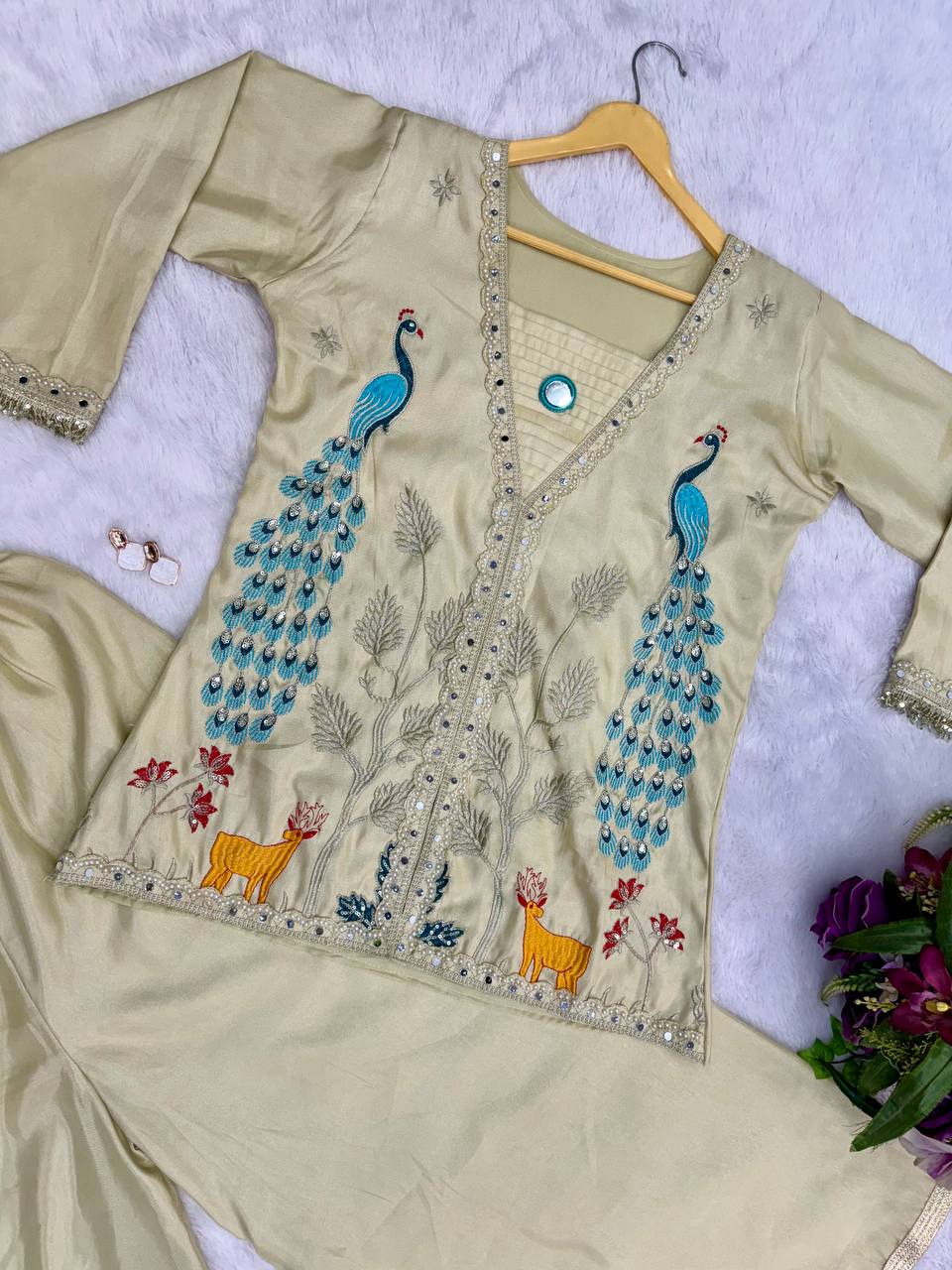 Glossy Trending Cream Color Full Embroidery With Mirror Work Co-Ord Palazzo Set