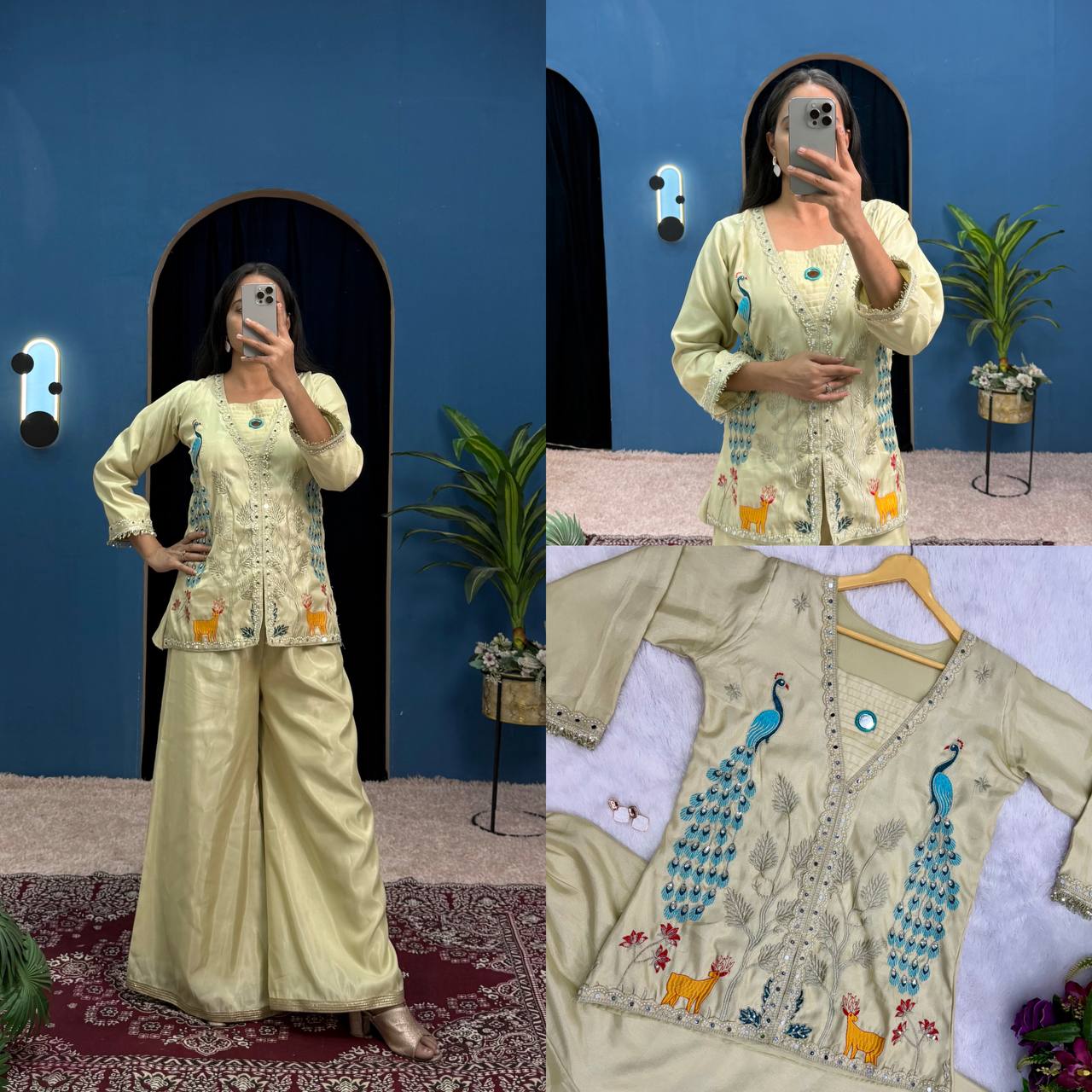 Glossy Trending Cream Color Full Embroidery With Mirror Work Co-Ord Palazzo Set