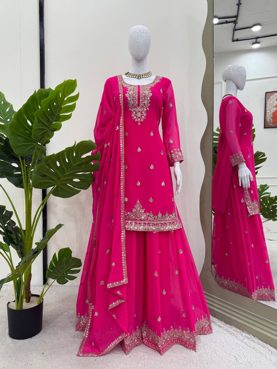 Ceremony Wear Pink Color Soft Faux Georgette Thread Embroidery With Sequin Work Designer Palazzo Suit