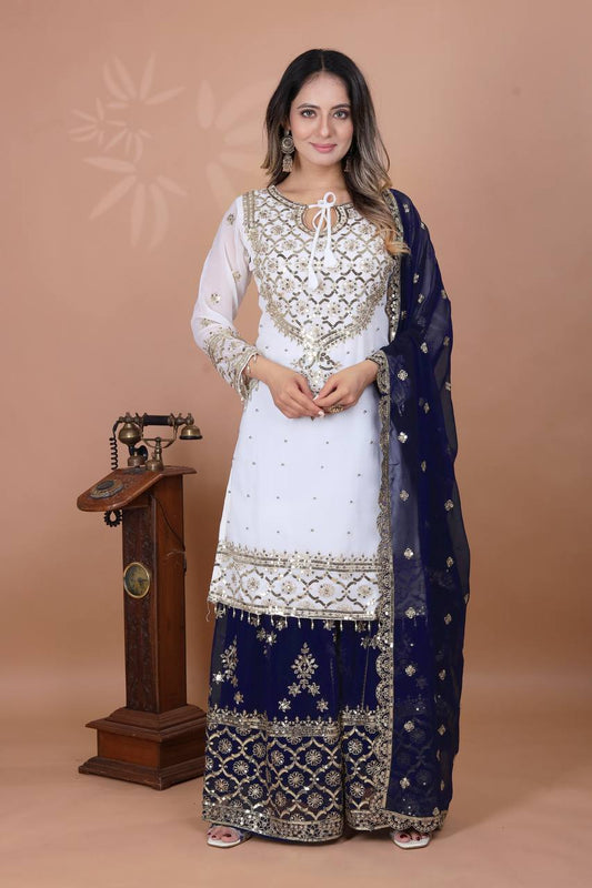 Festive Wear Navy Color Embroidery Sequence Work Sharara Suit
