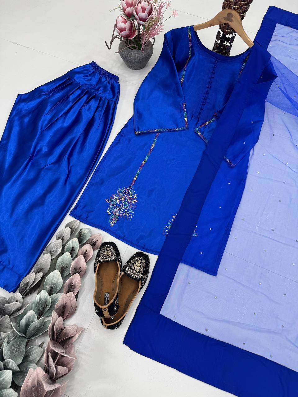 Party Wear Heavy Natural Crepe Blue Embroidered Top Palazzo With Dupatta Set