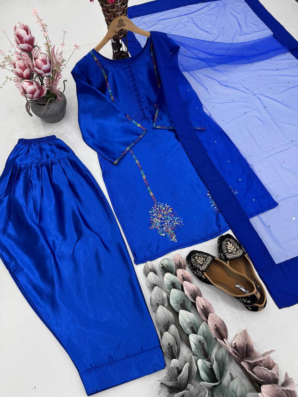 Party Wear Heavy Natural Crepe Blue Embroidered Top Palazzo With Dupatta Set