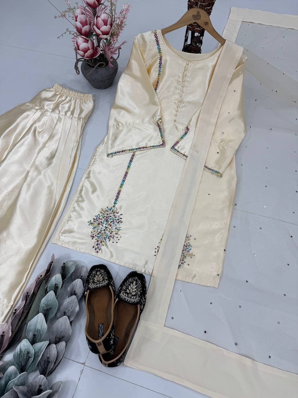 Designer Off White Color Heavy Natural Crepe Embroidered Top Palazzo With Dupatta Set