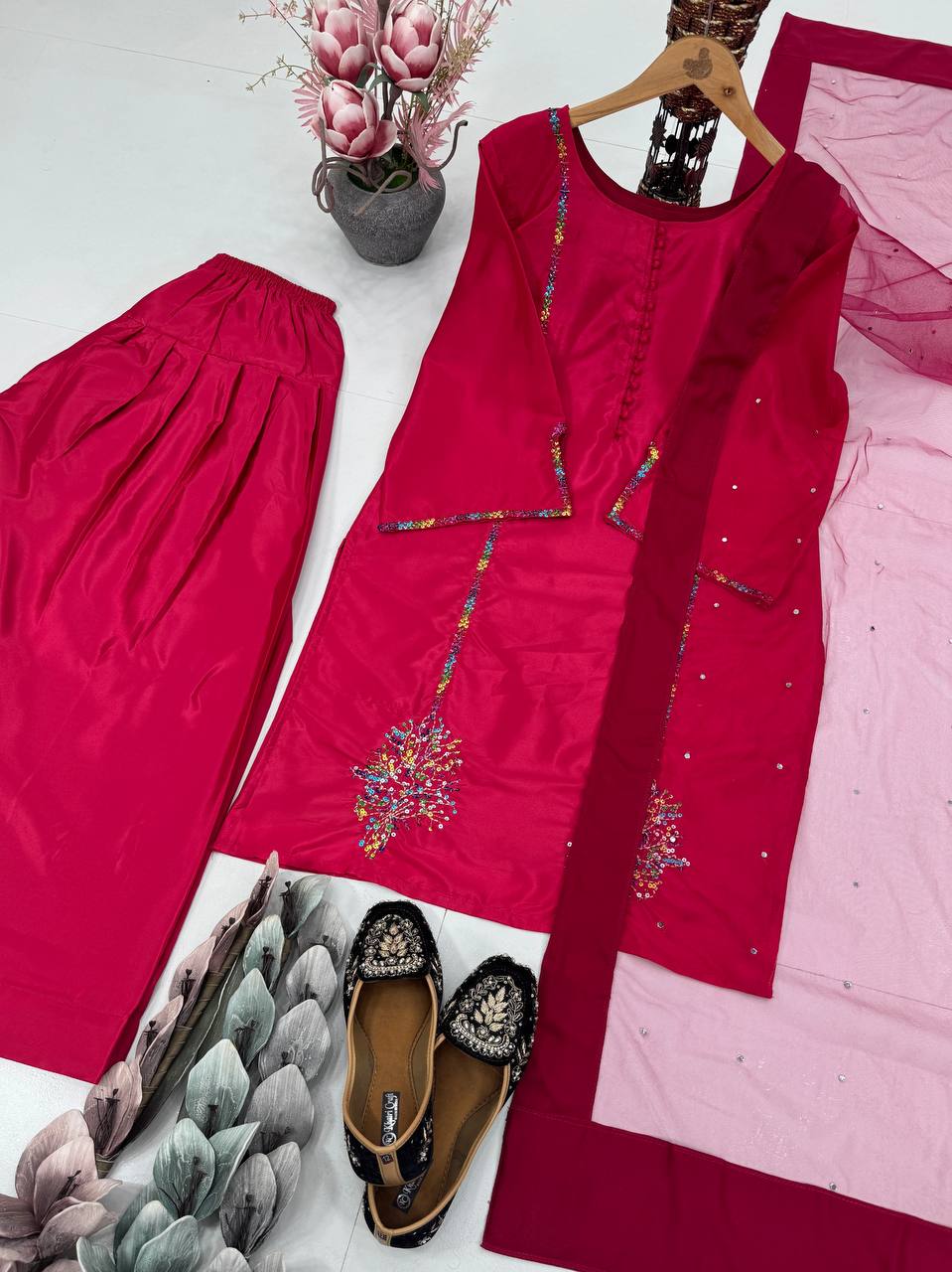 Designer Red Color Heavy Natural Crepe Embroidered Top Palazzo With Dupatta Set