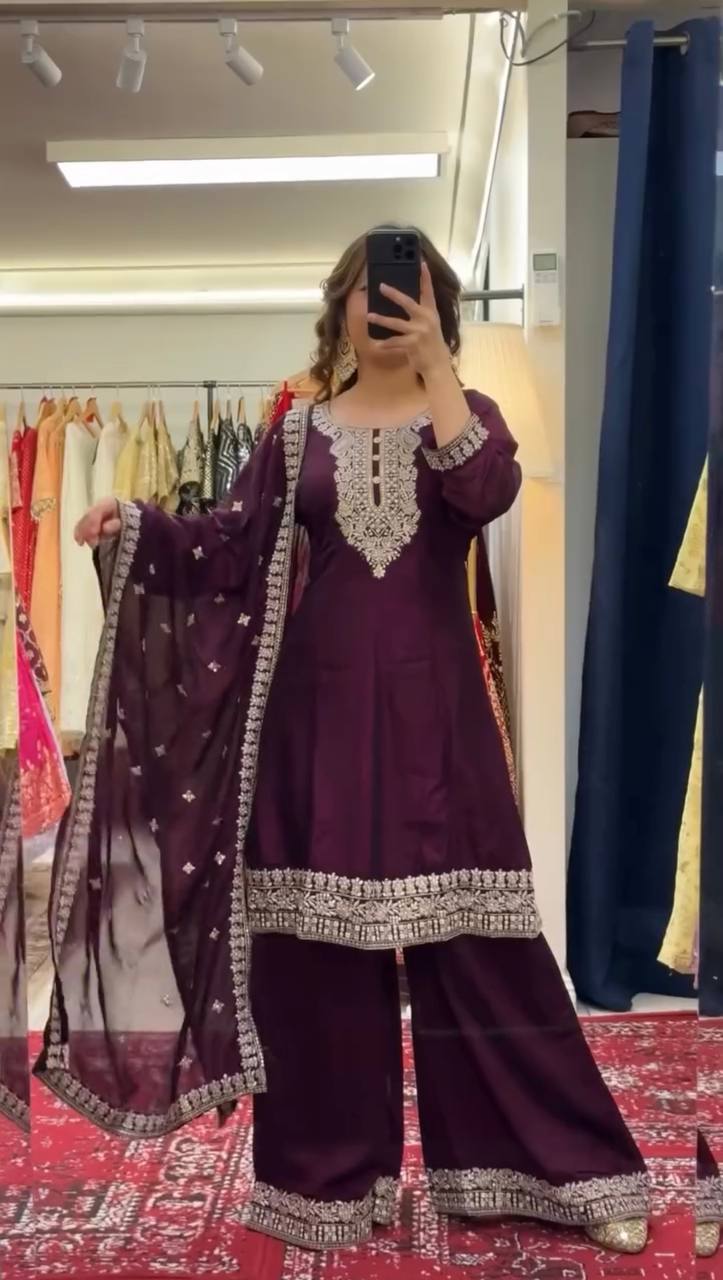 Party Wear Wine Color Premium Chinon Silk Beautiful Thread Embroidery Wth Sequin Work Palazzo Suit