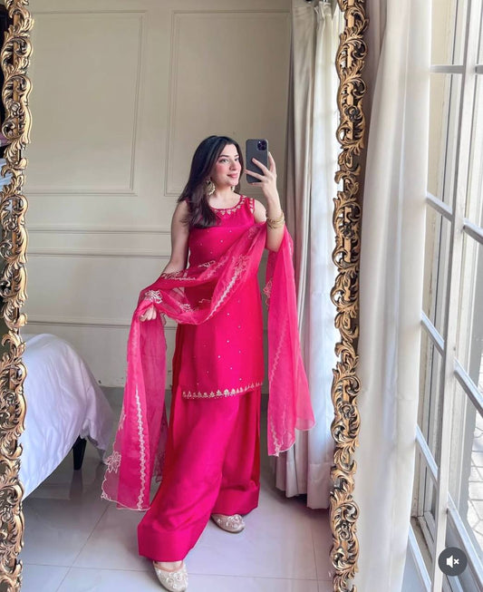 Party Wear Pink Color Pure Natural Crepe With Heavy Embroidery Sequence Work Palazzo Suit
