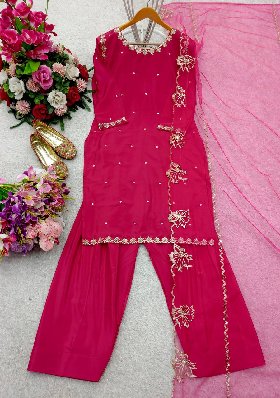 Party Wear Pink Color Pure Natural Crepe With Heavy Embroidery Sequence Work Palazzo Suit