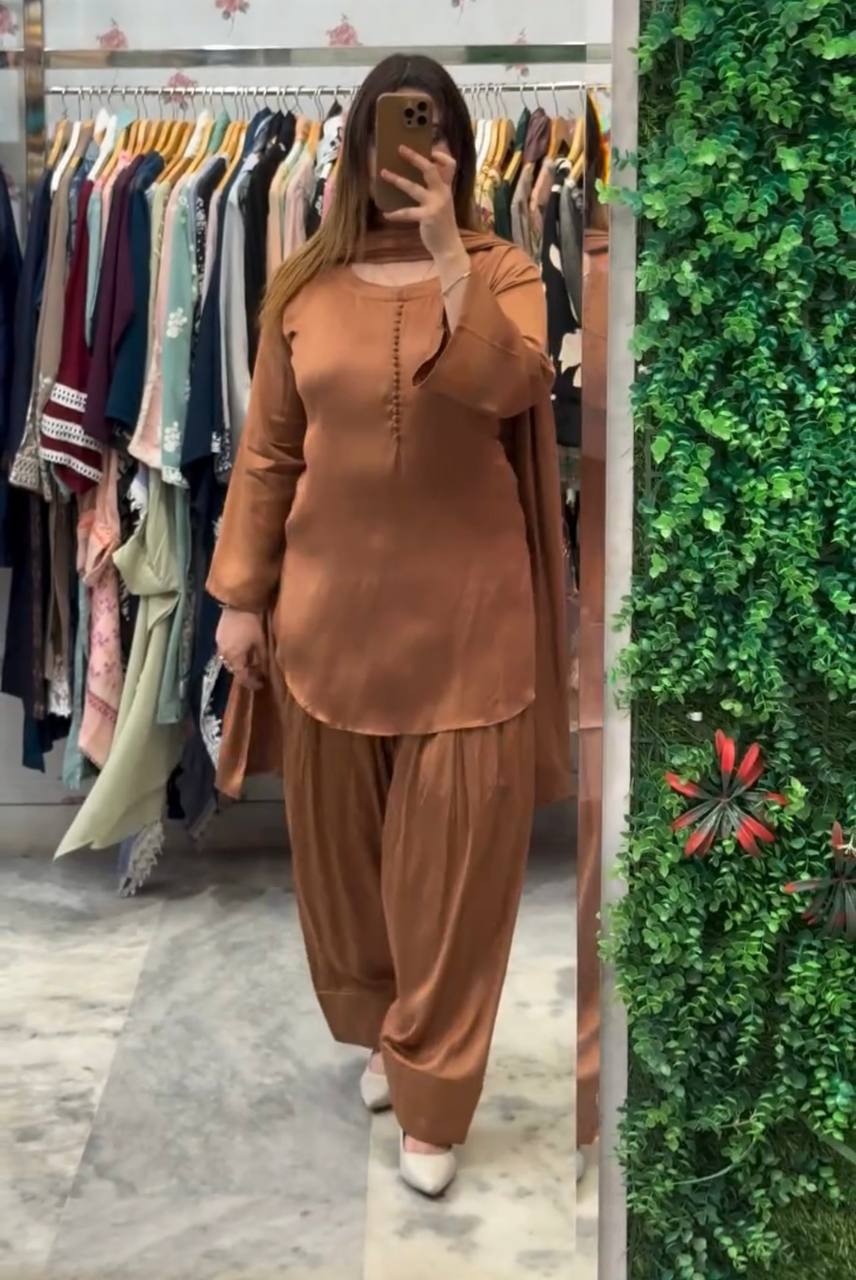 Wedding Wear Brown Color Heavy Georgette Top-Bottom-Dupatta Set