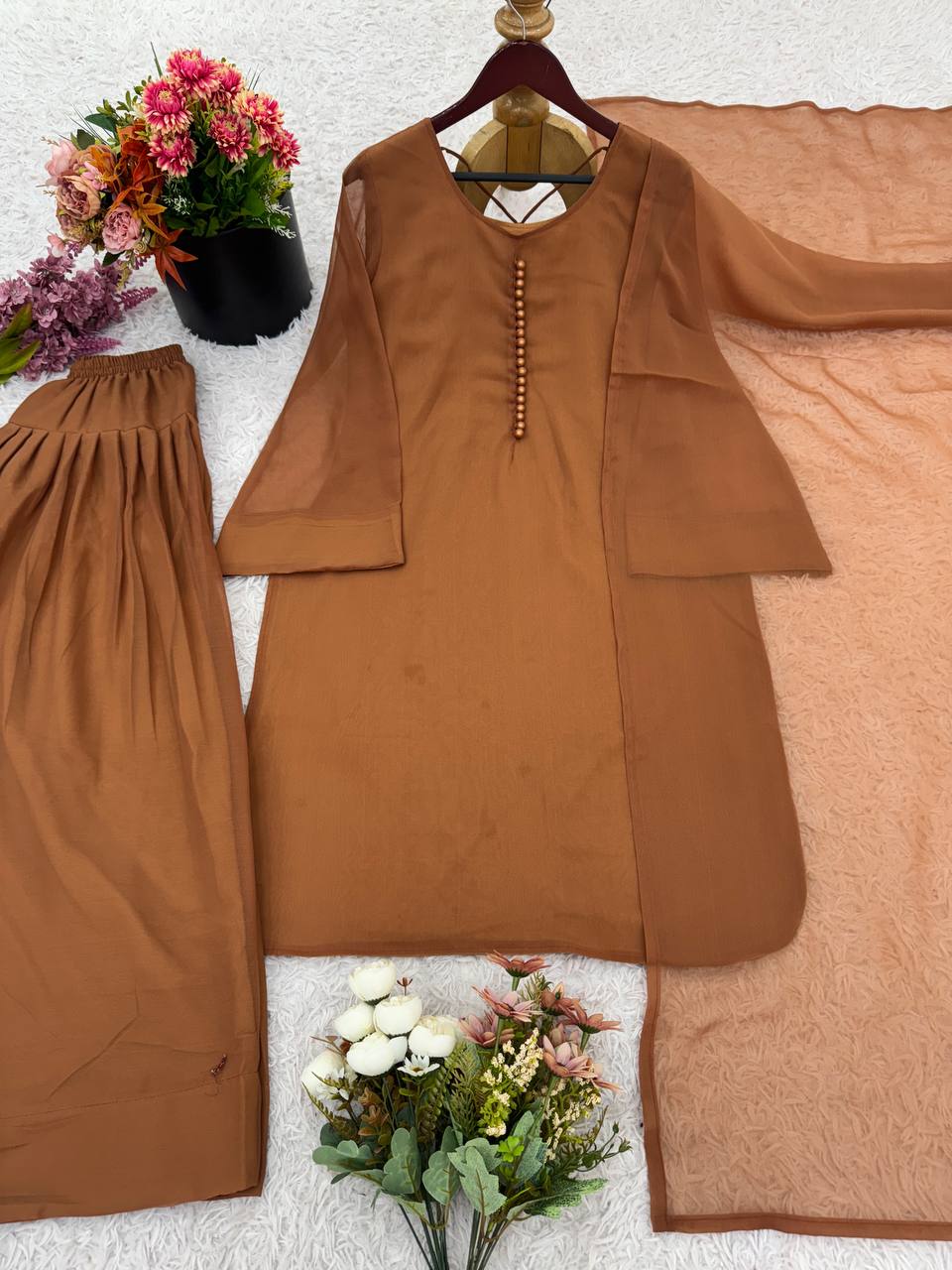 Wedding Wear Brown Color Heavy Georgette Top-Bottom-Dupatta Set