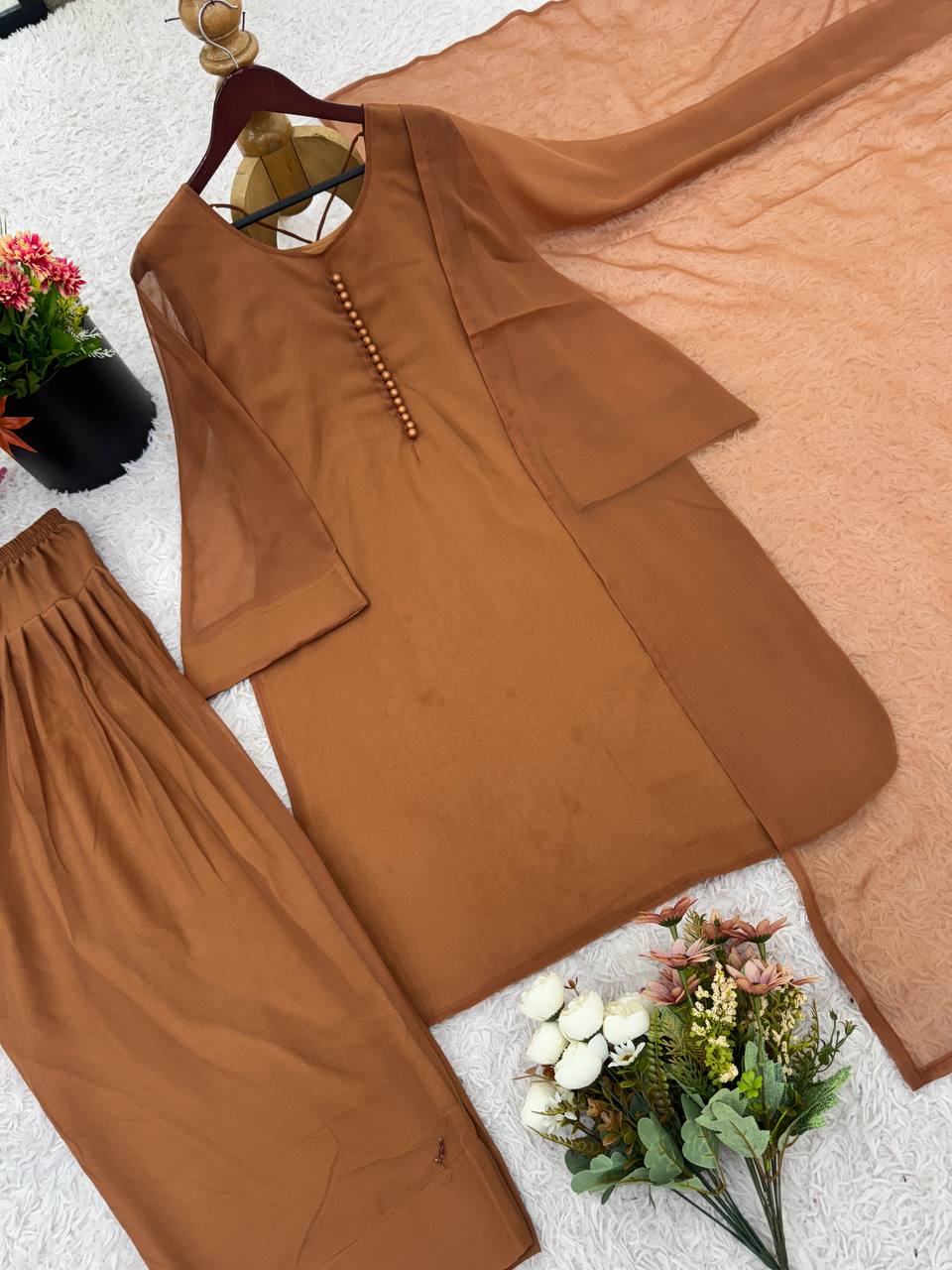 Wedding Wear Brown Color Heavy Georgette Top-Bottom-Dupatta Set