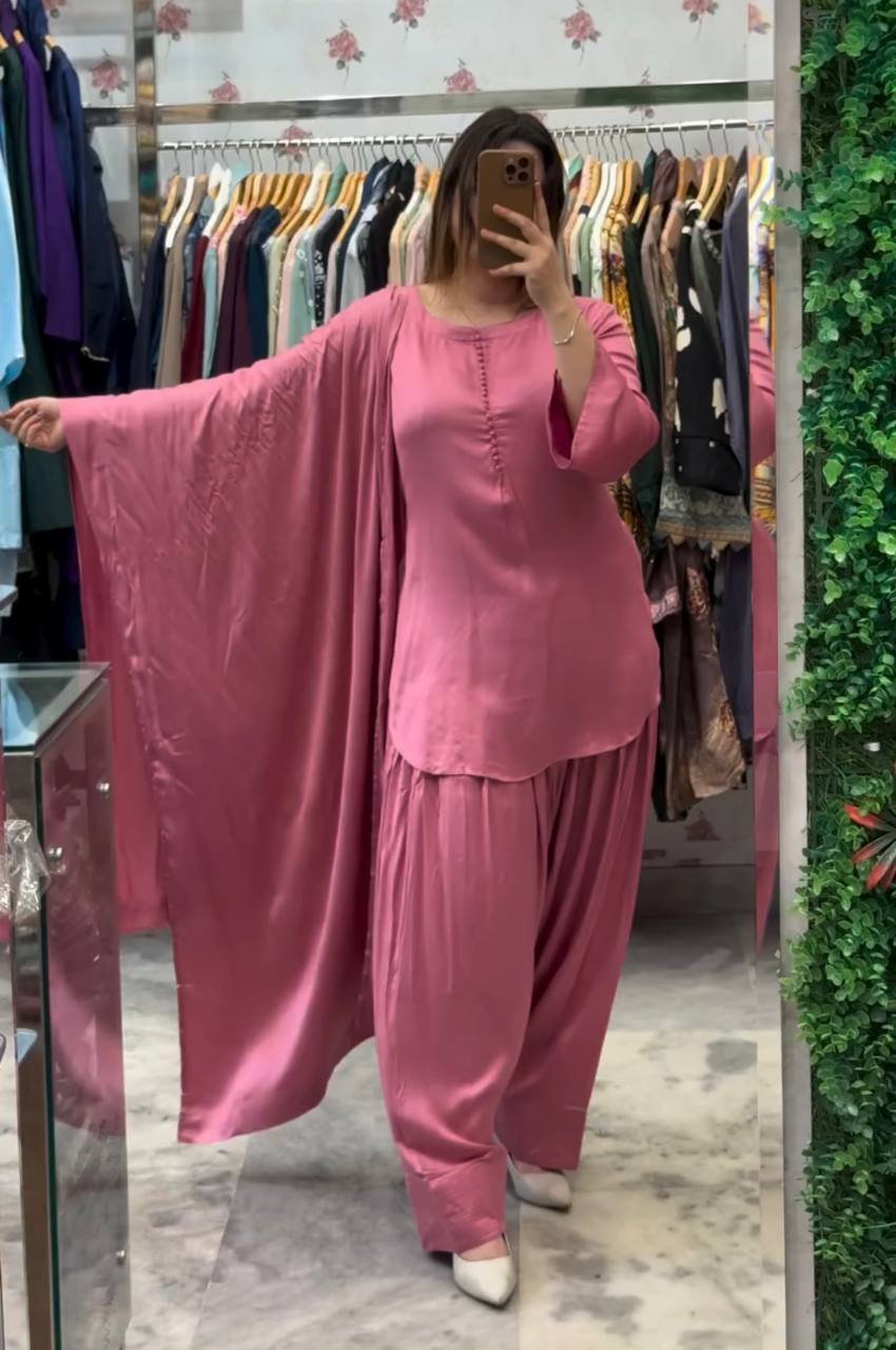 Ceremony Wear Baby Pink Color Heavy Georgette Top-Bottom-Dupatta Set