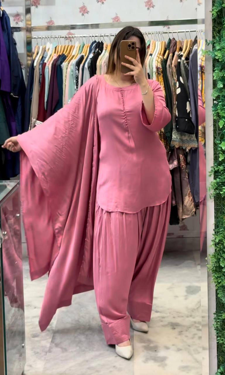 Ceremony Wear Baby Pink Color Heavy Georgette Top-Bottom-Dupatta Set