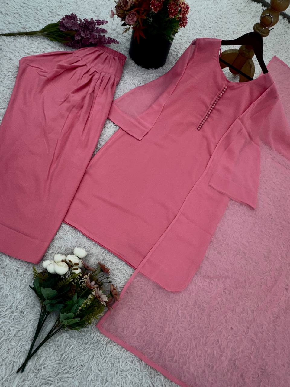 Ceremony Wear Baby Pink Color Heavy Georgette Top-Bottom-Dupatta Set